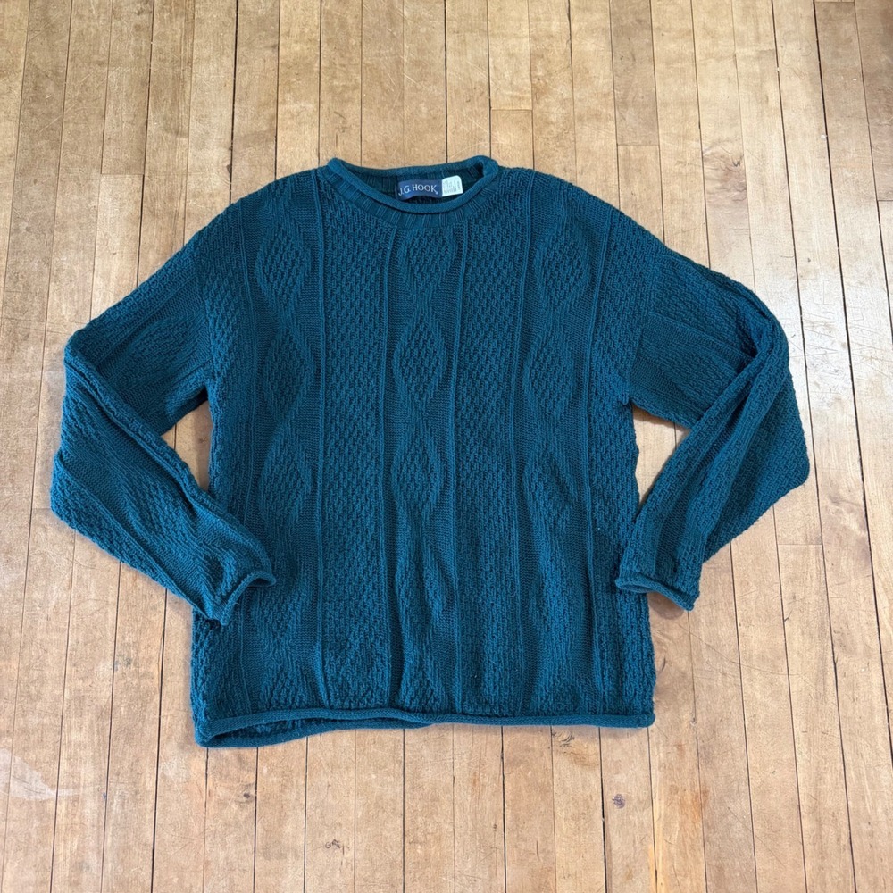 Vtg 90s J.G. Hook Green Rolled‎ Neck Cable Knit Sweater Mens Sz Large Fisherman